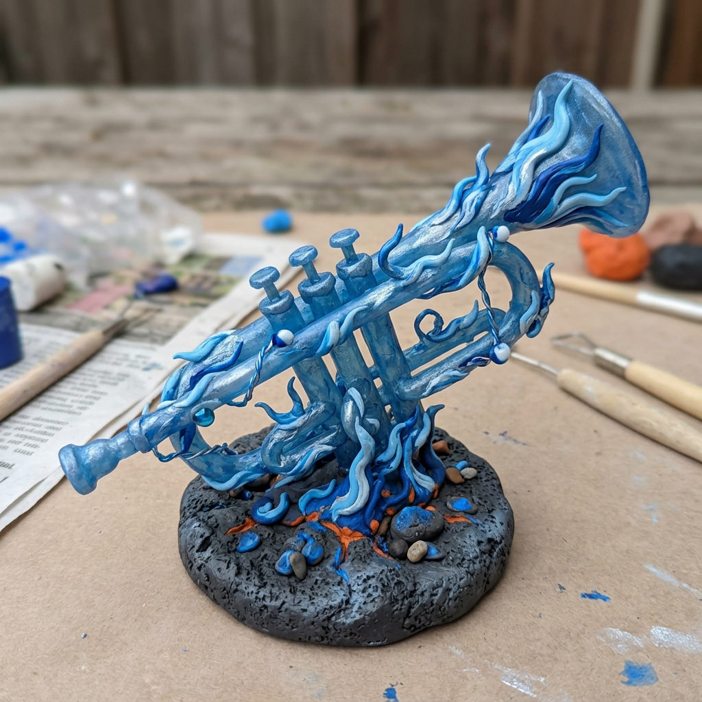 Blue trumpet sculpture with stylized flames on textured base