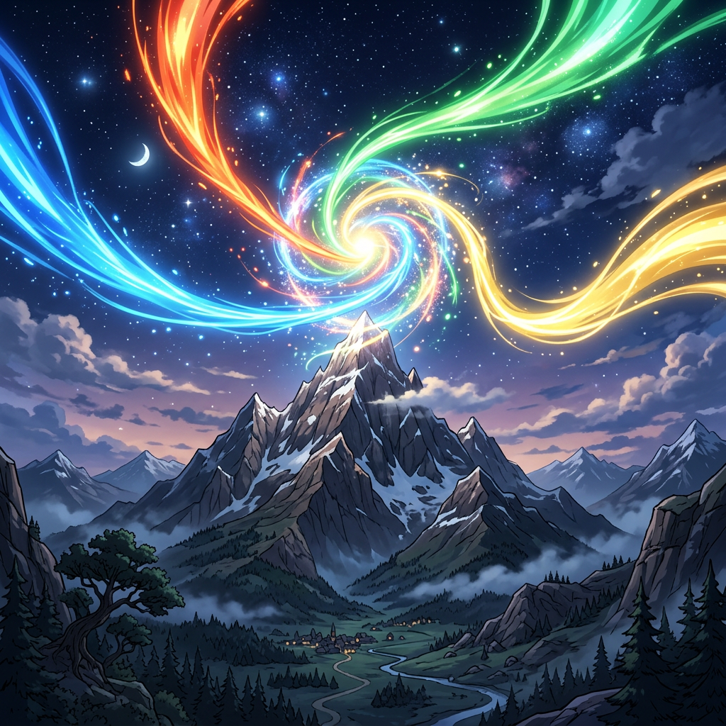 Colorful swirling energy vortex above snow-capped mountain with village below at night