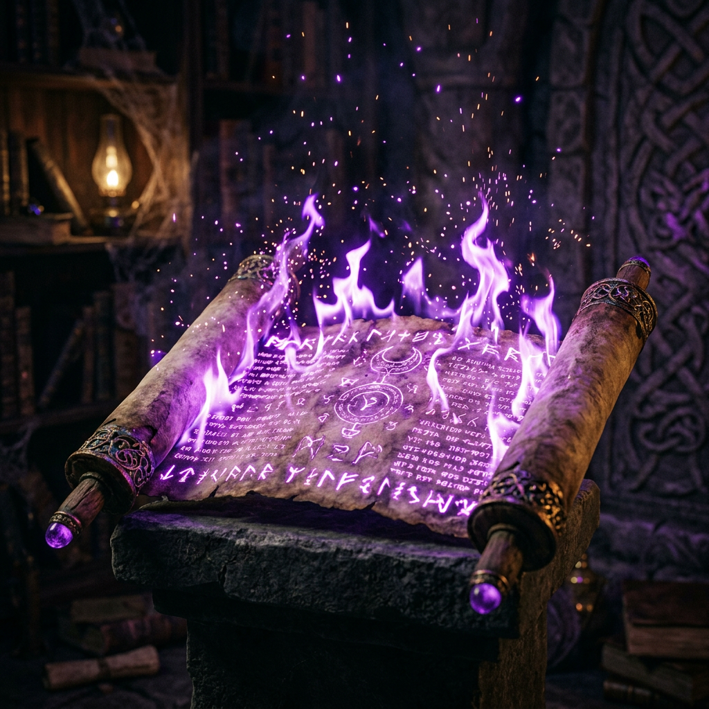 Ancient scroll with glowing purple runes and symbols burning with magical flames