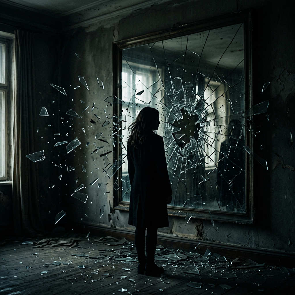 Silhouette of a person standing before a shattered large mirror with broken glass fragments floating.