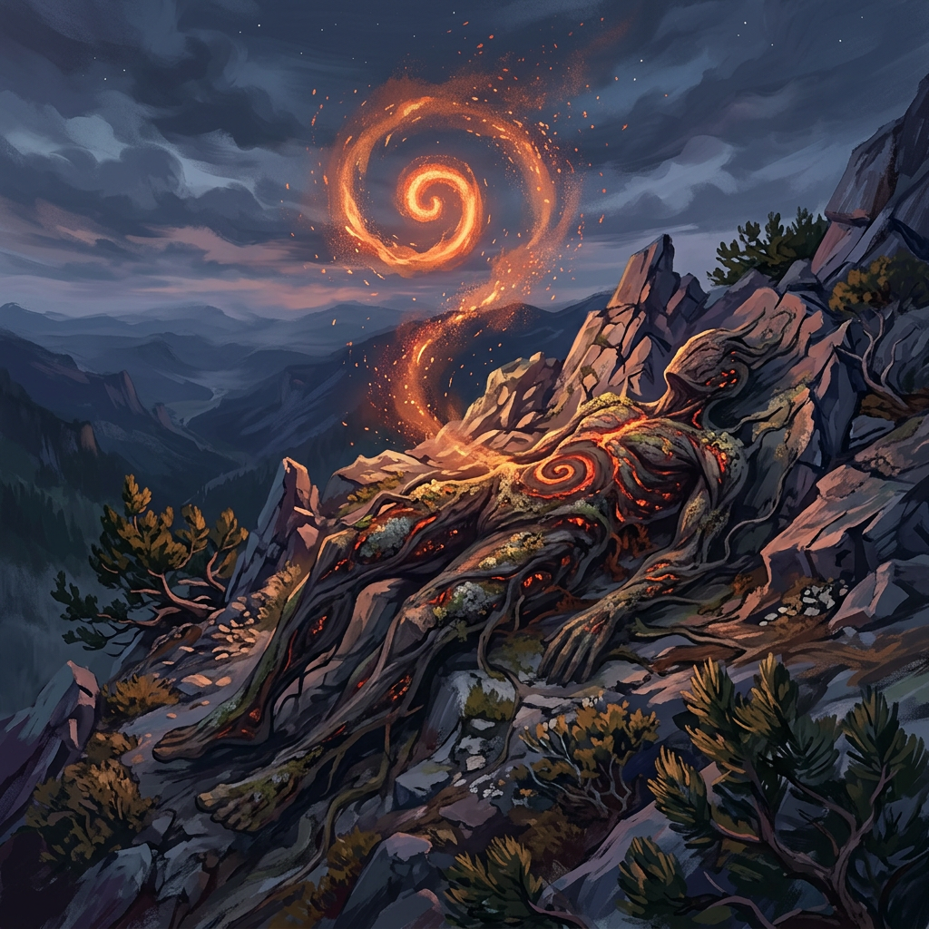 Fiery elemental figure blending with rocky landscape under a glowing spiral ember in a mountain setting