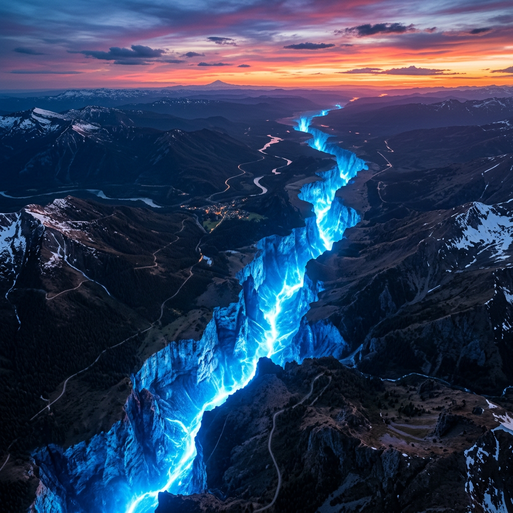 A glowing blue river winding through a rugged mountain canyon at sunset