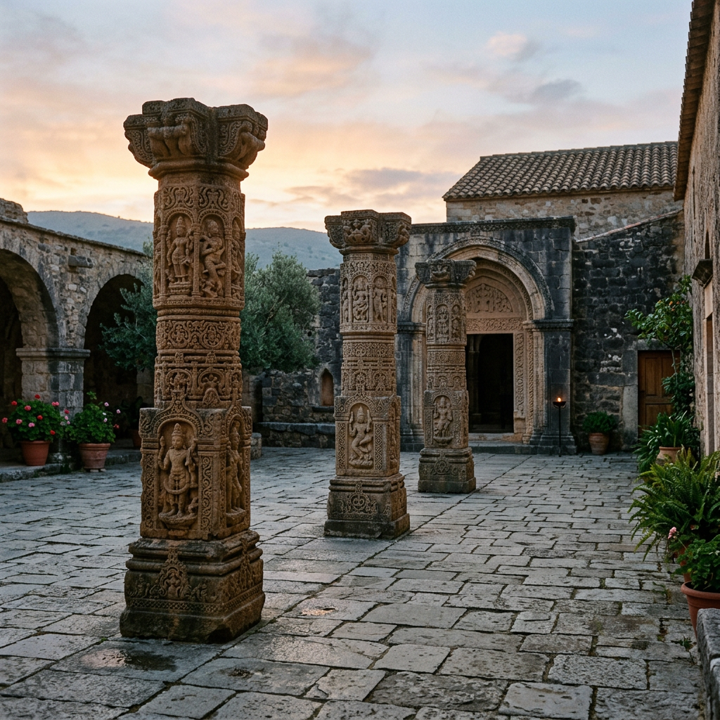 Three ancient stone columns with detailed carvings in a courtyard with stone buildings and archways