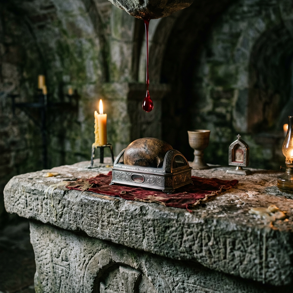 Stone altar with a relic box, lit candle, goblet, religious icon, and a drop of red liquid hanging above
