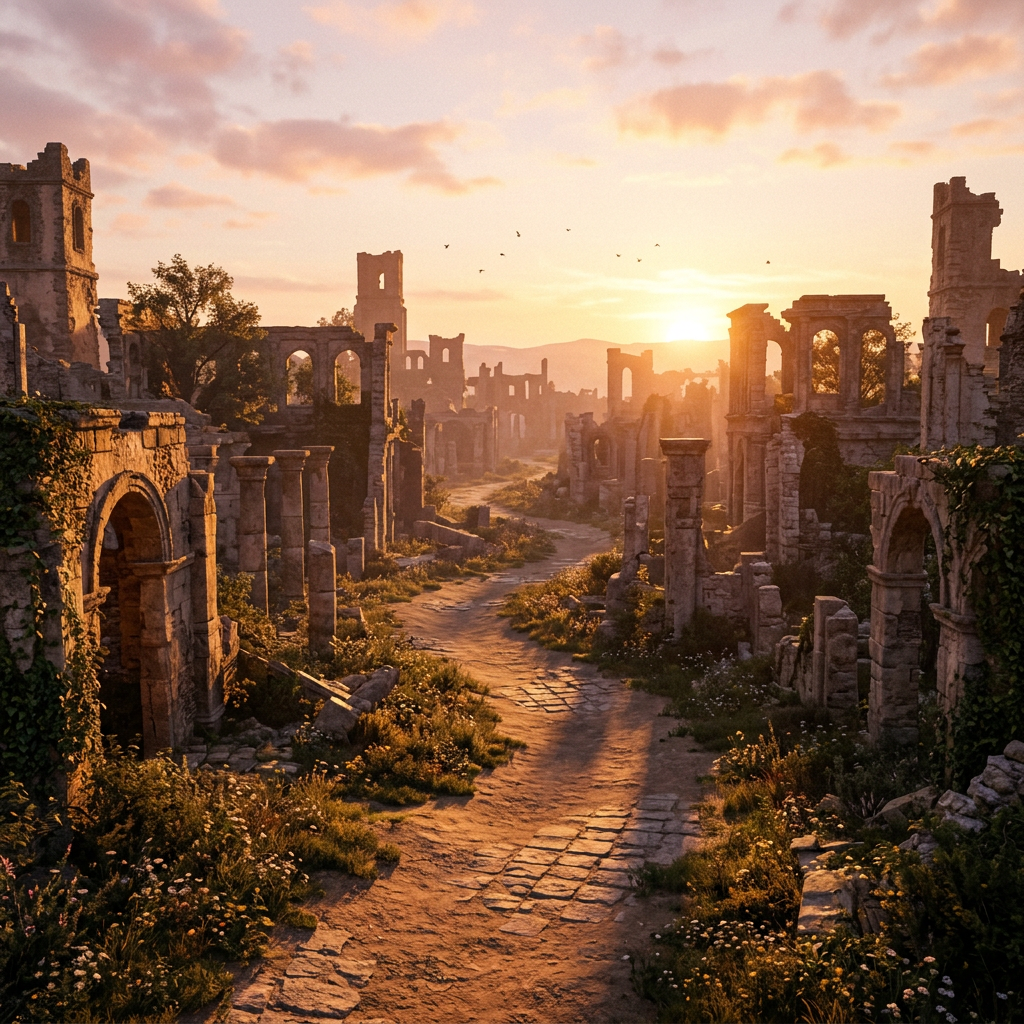 Winding dirt and stone path through ancient, crumbling stone ruins at sunset