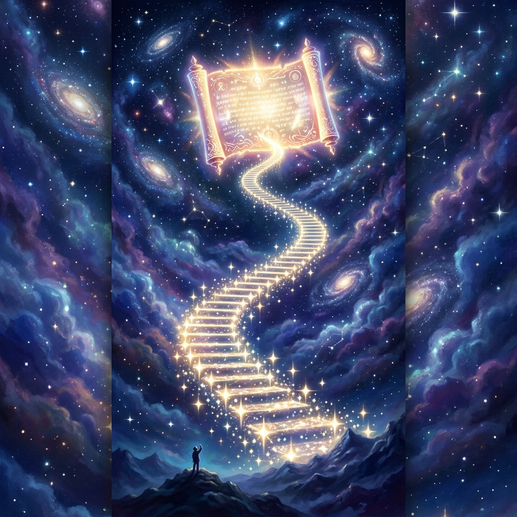 A person on a mountain looking up at a starry stairway ascending to a glowing ancient scroll in space