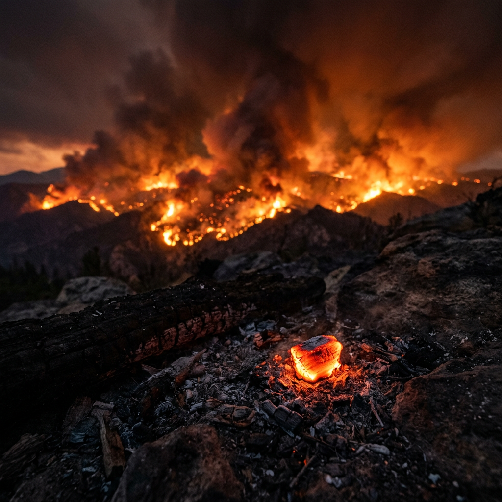 Wildfire blazing through forested mountains with glowing ember on the ground
