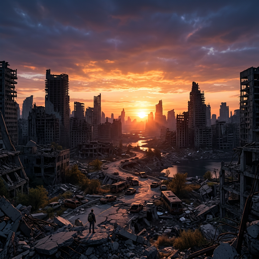 Person standing on rubble overlooking a destroyed city with broken buildings and abandoned vehicles at sunset