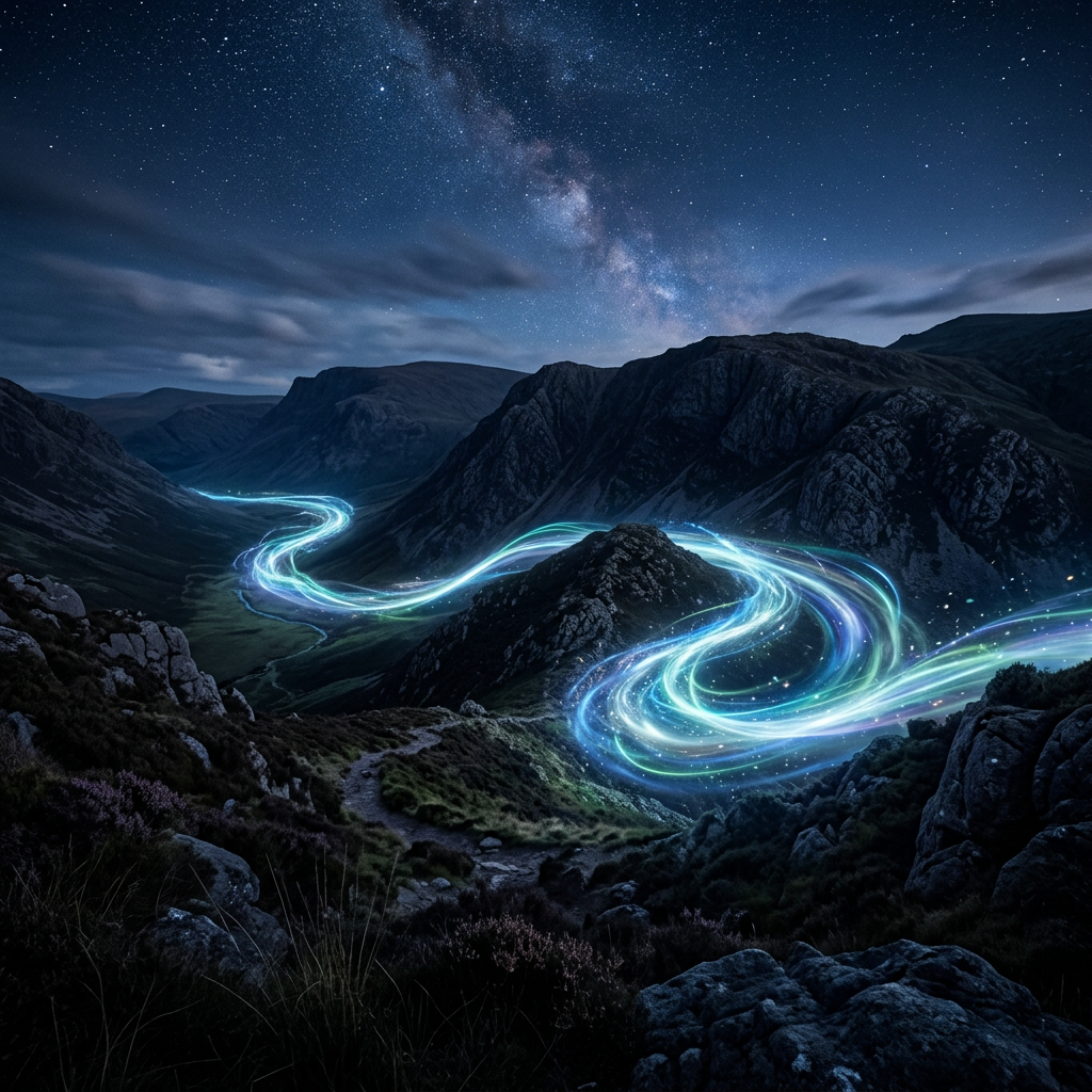 A bright ethereal light trail winding through a dark mountain valley under stars
