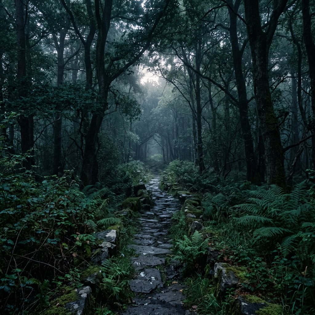 Stone path surrounded by dense green trees and ferns in a misty forest