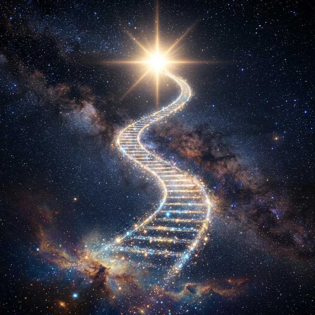 Glowing DNA double helix spiral ascending through a star-filled galaxy toward a bright star