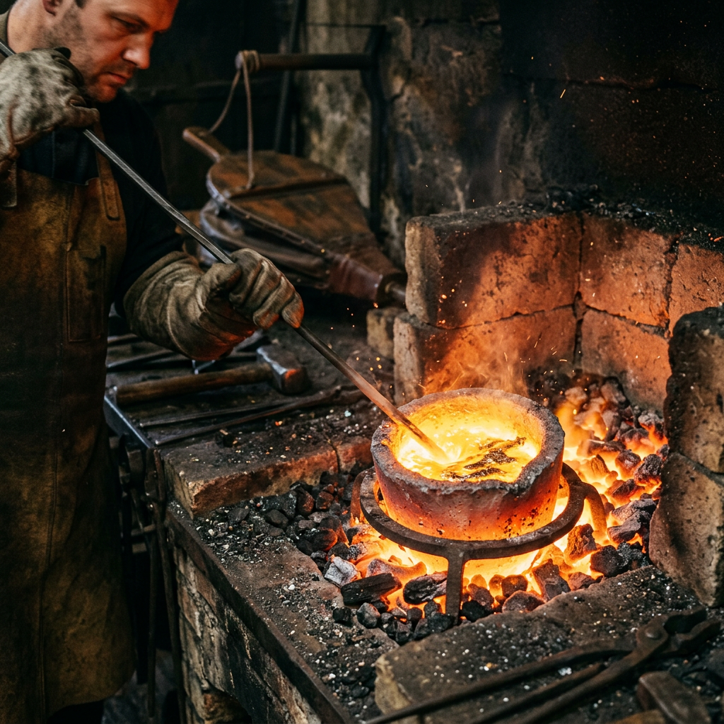 Craftsman stirring molten metal in a forge surrounded by glowing coals