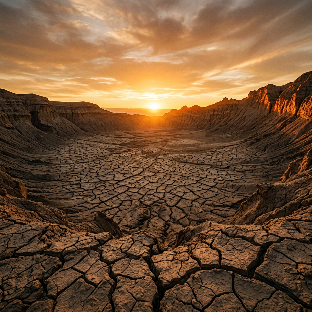 Cracked dry desert ground with surrounding cliffs at sunset