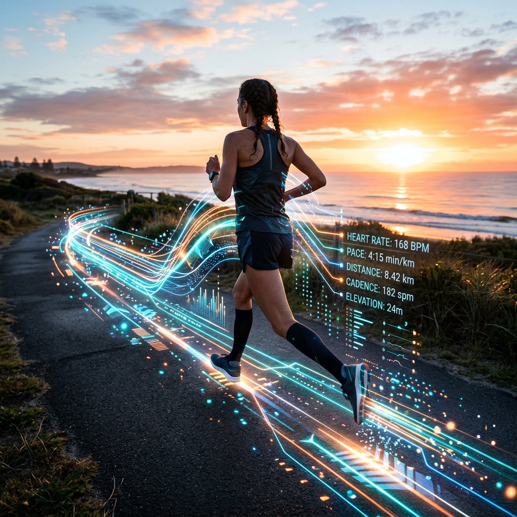 Woman running along coastal path with overlay of heart rate, pace, distance, cadence, elevation data