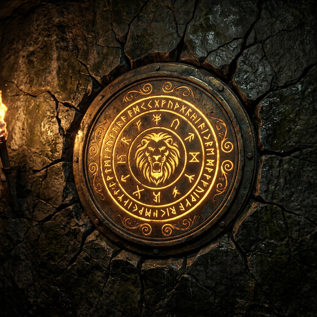 Circular emblem with a lion's head in the center surrounded by glowing runic inscriptions on cracked stone