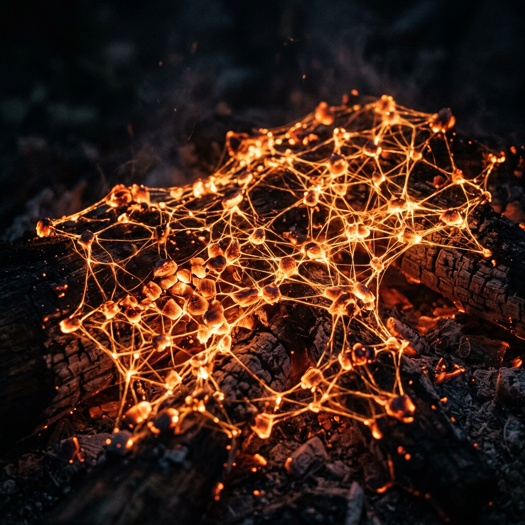 Bright glowing orange web of ember-like filaments on charred logs