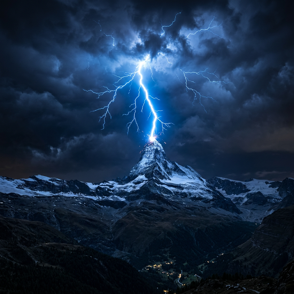 Bright lightning bolt hitting the peak of a snow-covered mountain under dark storm clouds