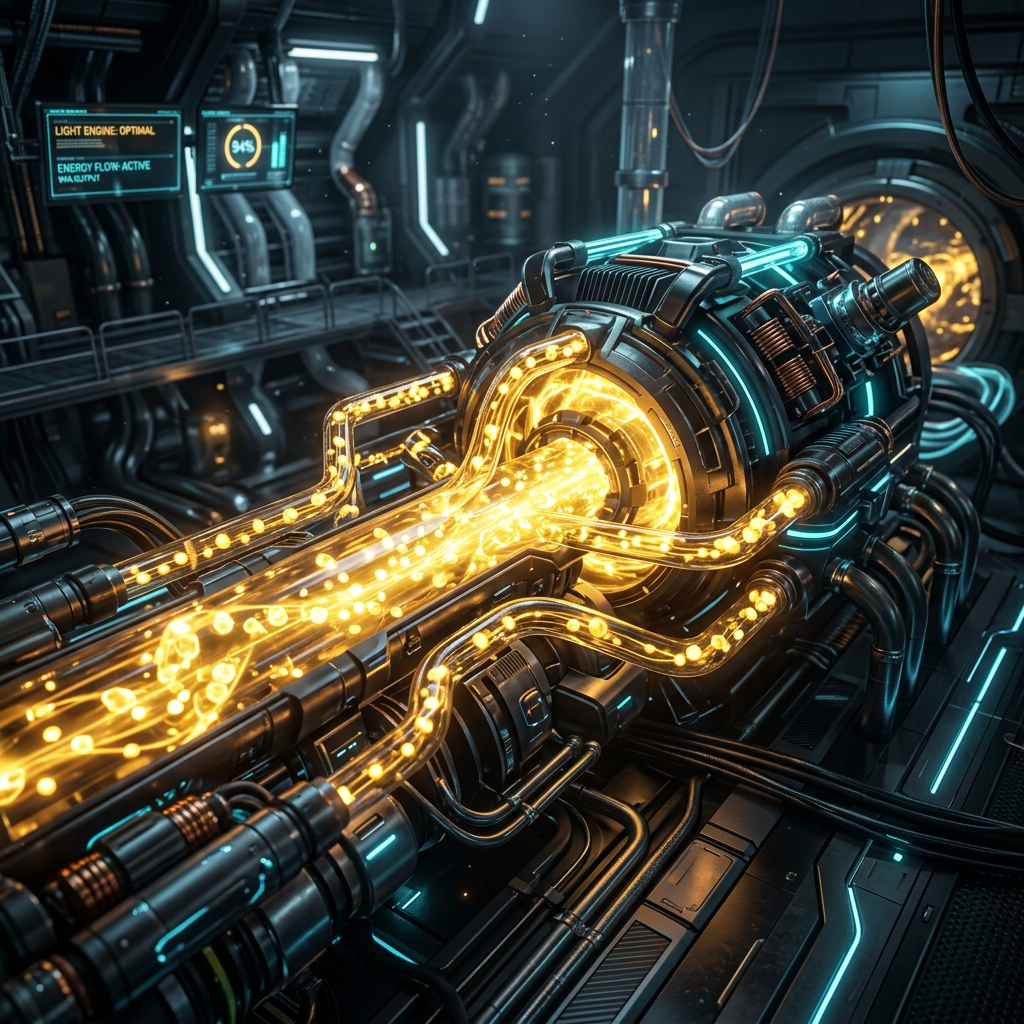 Futuristic energy core reactor with glowing golden plasma streams and intricate machinery