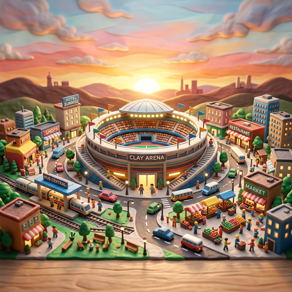 Miniature city featuring Clay Arena stadium, shops, market, hotel, restaurant, and people