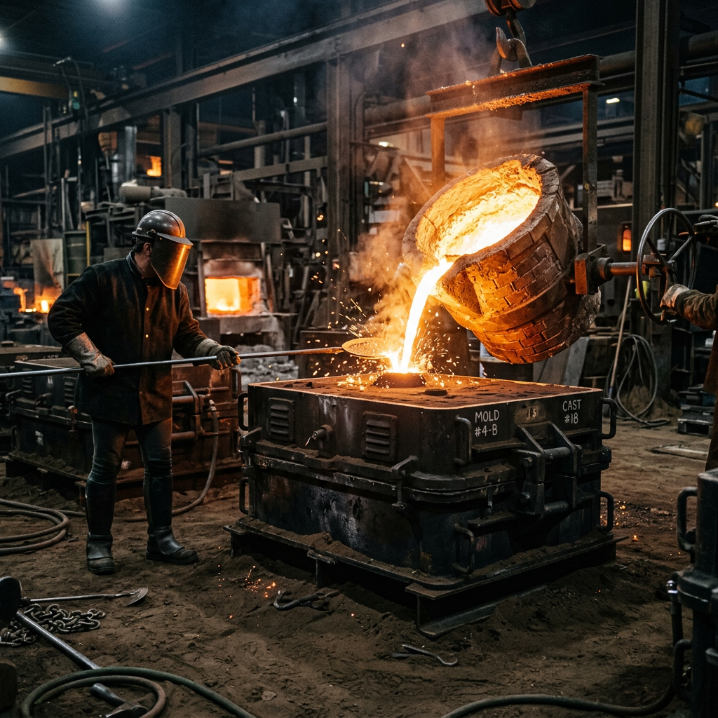 Workers pouring molten metal from a large crucible into a mold inside a foundry