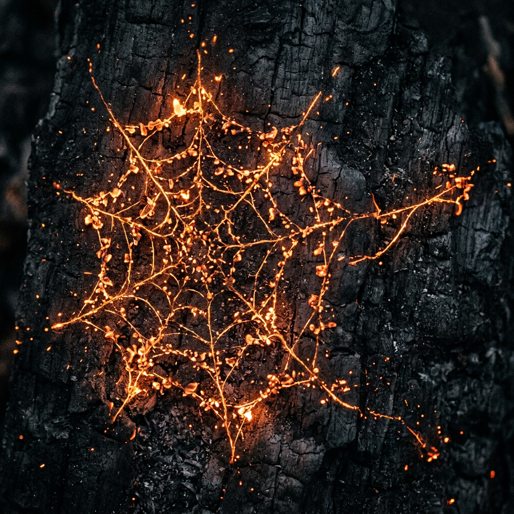 Glowing orange embers in a spiderweb pattern on blackened burnt wood