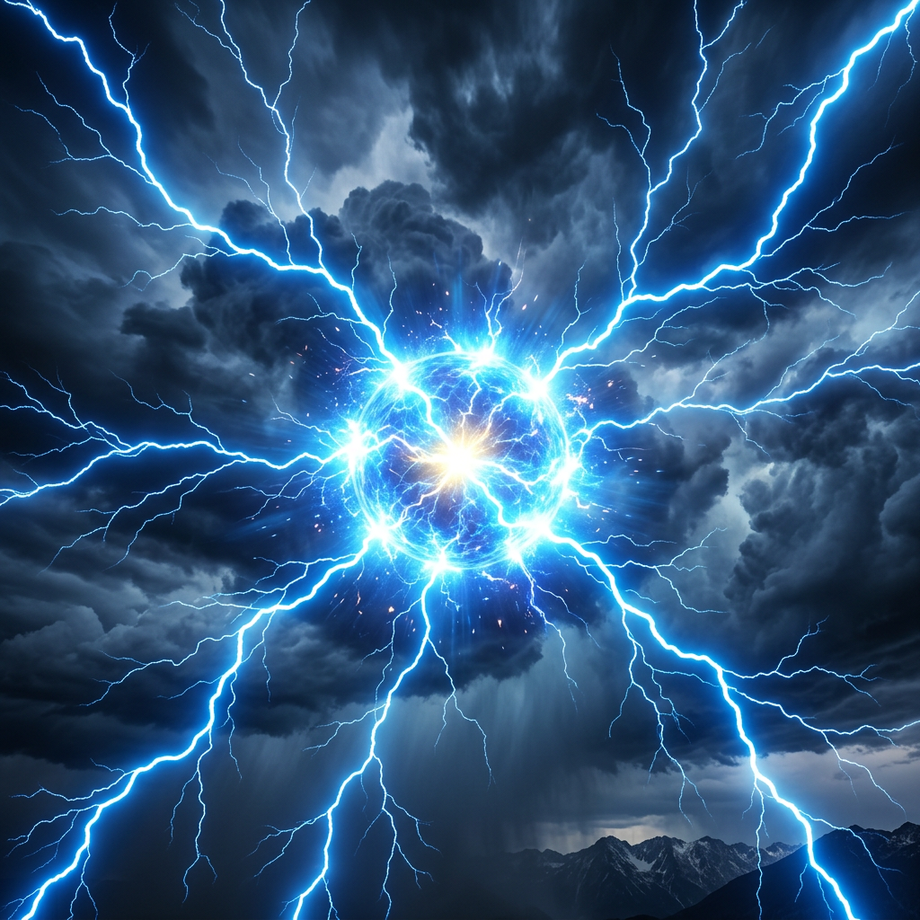 Bright blue electric sphere emitting lightning bolts in stormy sky above mountains