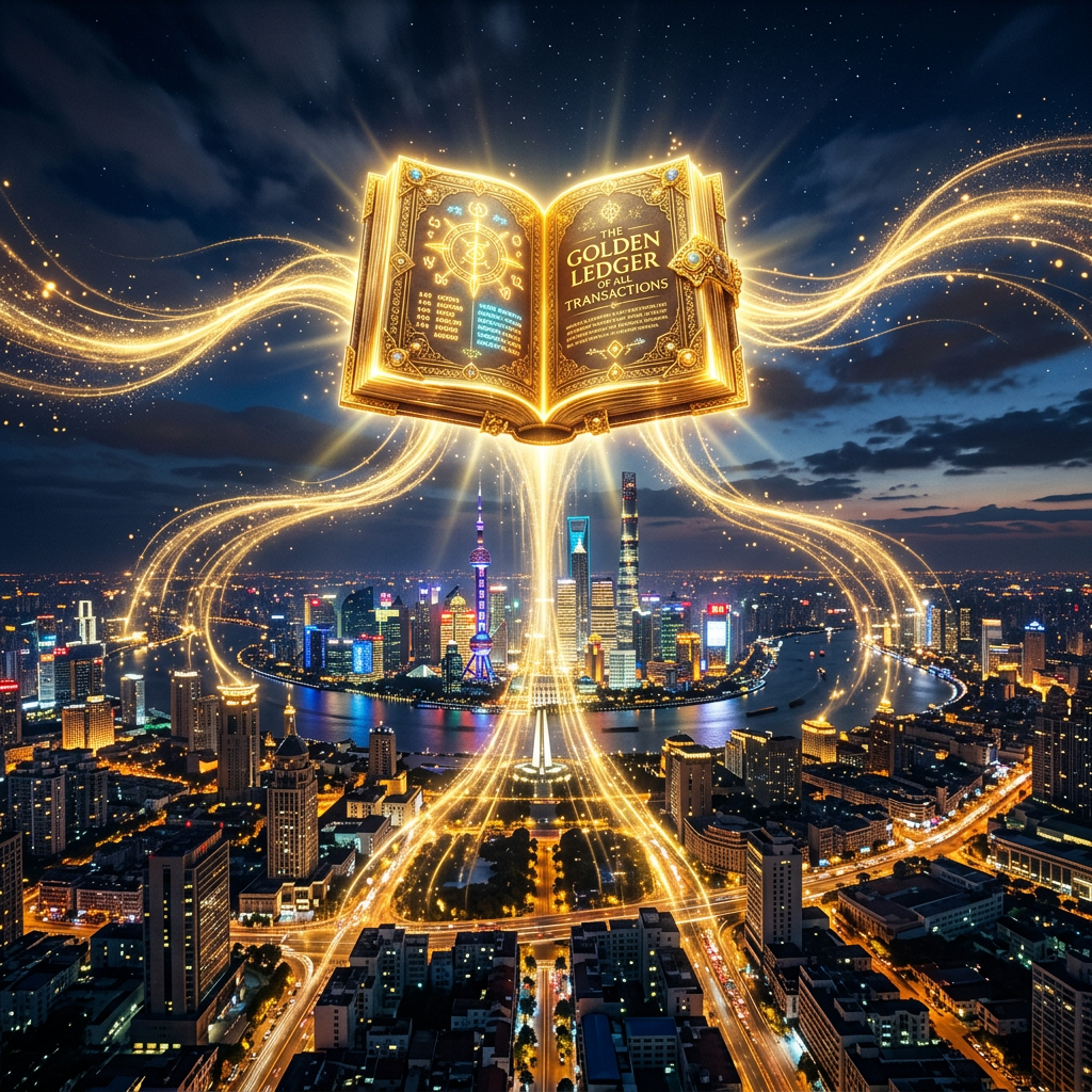 Golden ledger book titled 'The Golden Ledger of All Transactions' glowing above a nighttime cityscape with light trails connecting to the city below