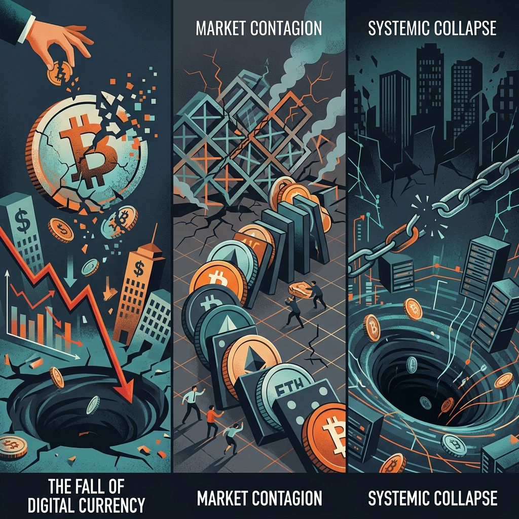 Three panels depicting the fall of digital currency, market contagion, and systemic collapse with cryptocurrencies and financial symbols