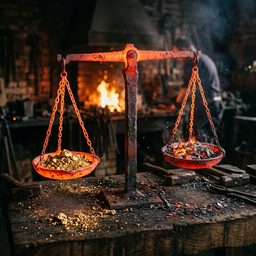 Balance scale with gold nuggets on one side and glowing hot coals on the other in a blacksmith workshop