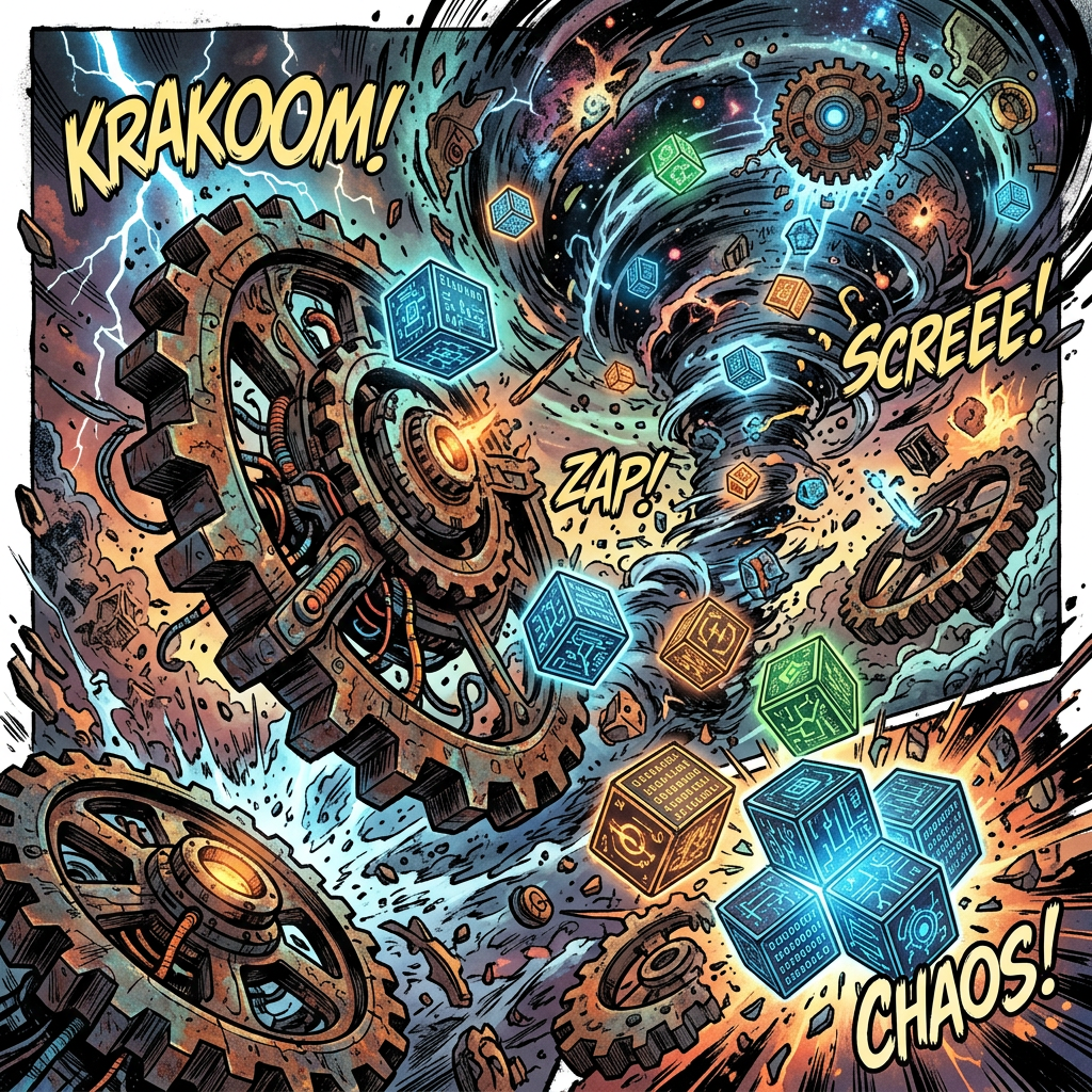 A swirling vortex containing rusty mechanical gears and glowing blue, green, and orange digital cubes with lightning and sparks