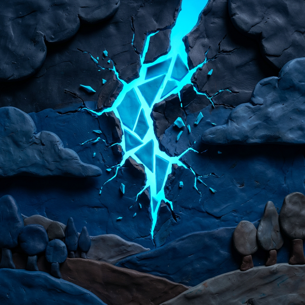 Dark clay landscape with glowing blue crack in the sky breaking clouds