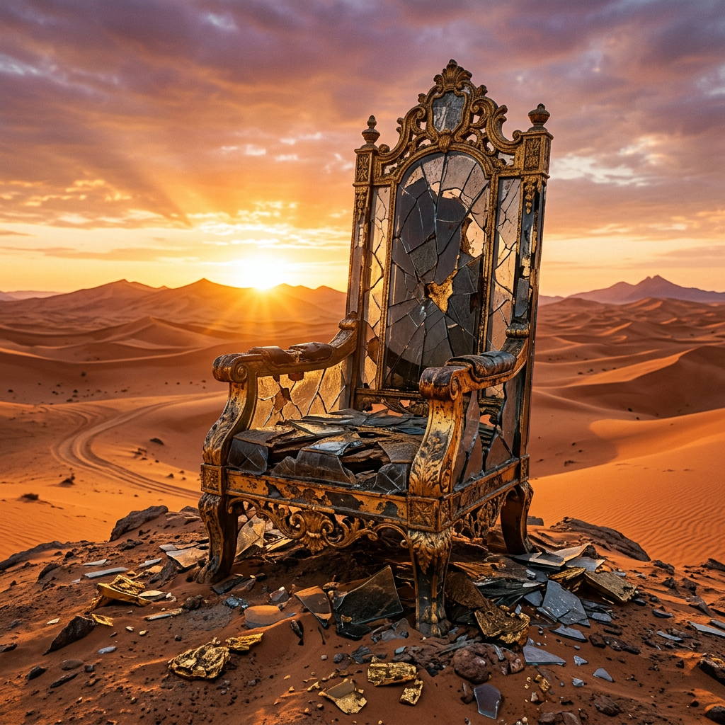 An ornate wooden throne with broken mirror pieces scattered around in a desert