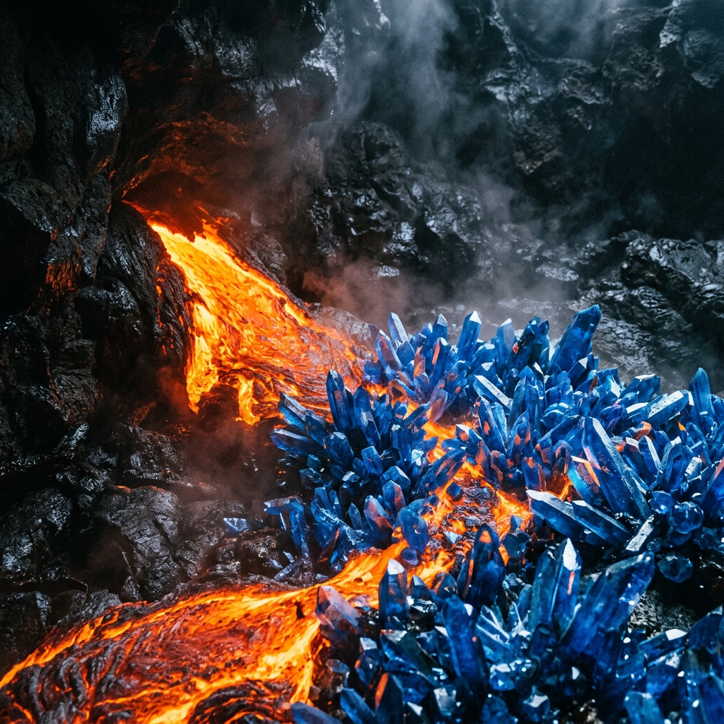 Molten lava flowing through blue crystal formations on volcanic rock