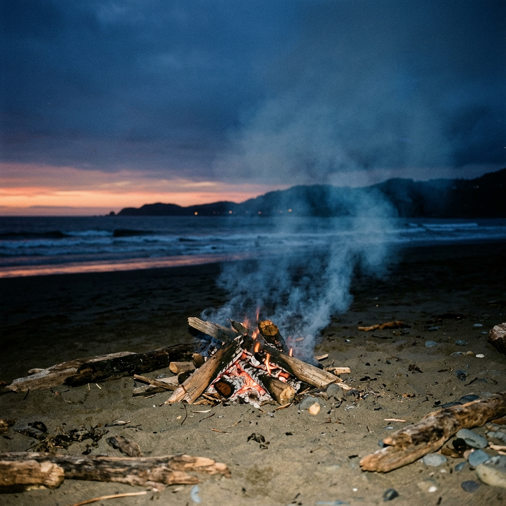 Small bonfire with smoke burning on sandy beach at dusk