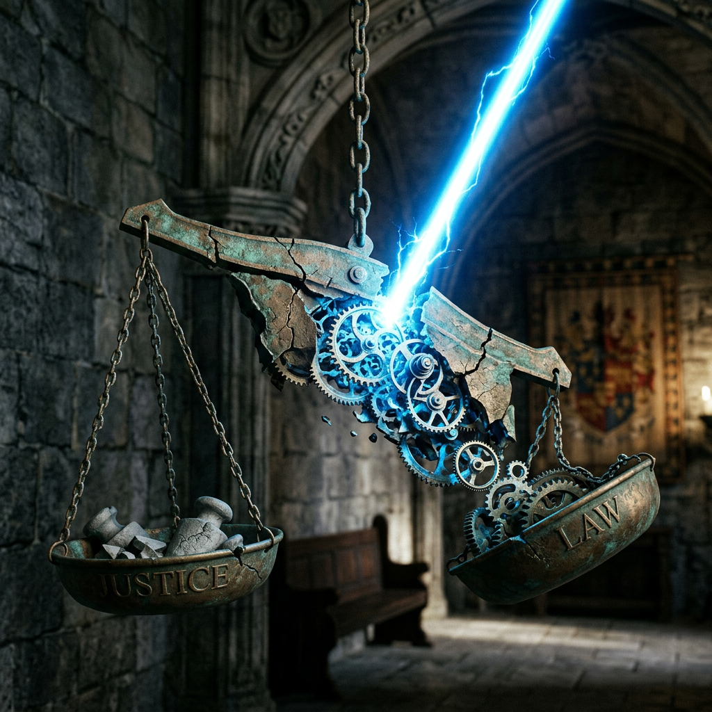 A rusted scale with bowls labeled Justice and Law being broken by bright blue lightning revealing inner gears