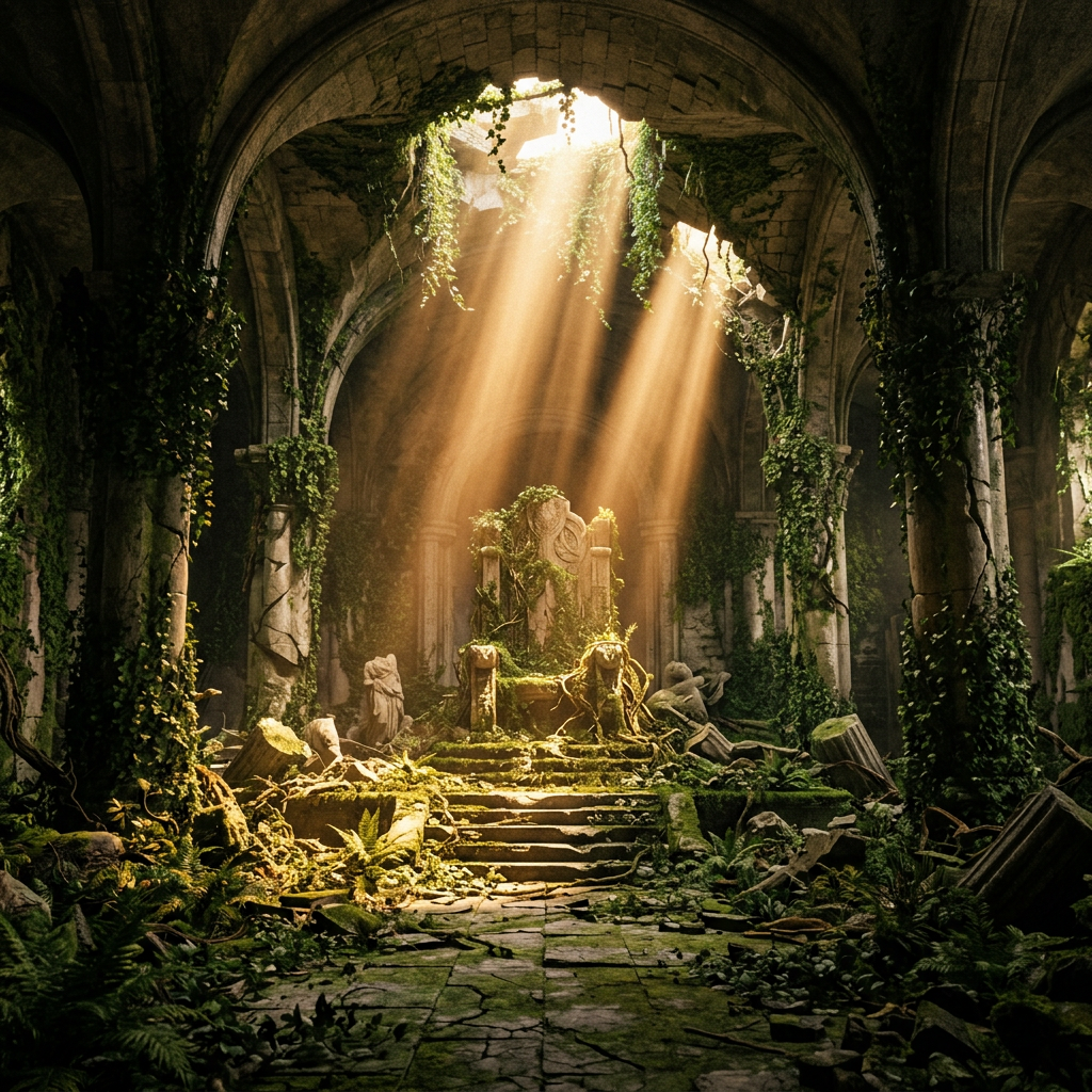 An ancient throne resting on moss-covered steps in a ruined, vine-covered hall with beams of sunlight.