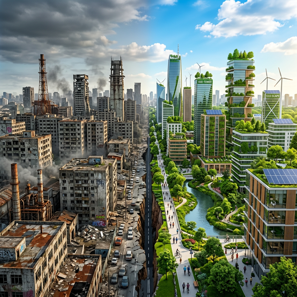 City divided into rundown, smoky buildings on the left and modern eco-friendly buildings with greenery on the right