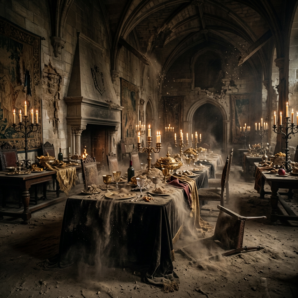 Dust-covered long banquet table with toppled chair in medieval stone hall