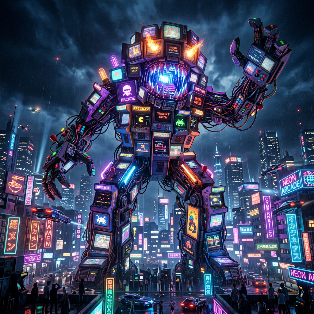Gigantic robot composed of retro arcade screens standing in a neon cityscape under dark stormy skies.