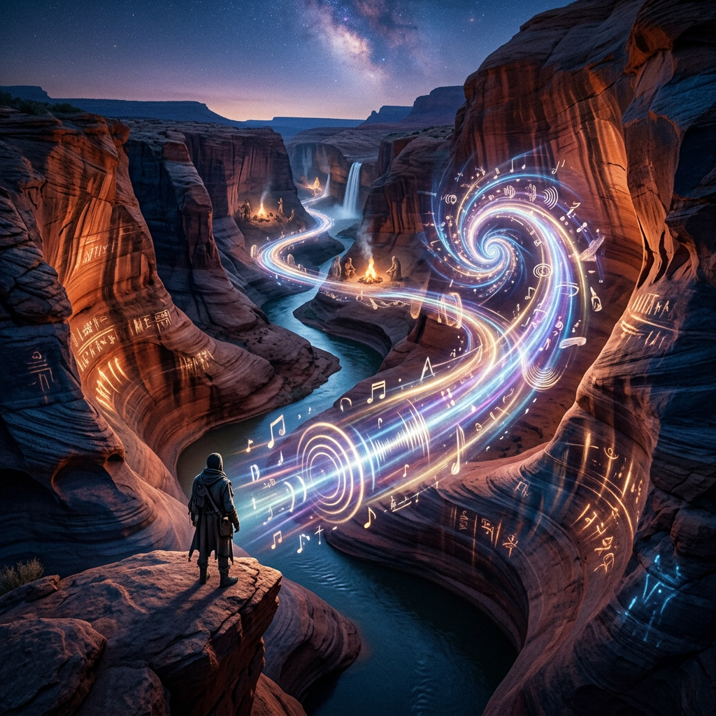 A figure standing on canyon edge watching a glowing spiral of musical notes flowing through the canyon