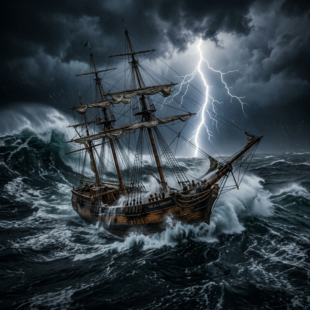 Wooden sailing ship named The Sea Serpent in rough ocean with large waves and lightning strike.