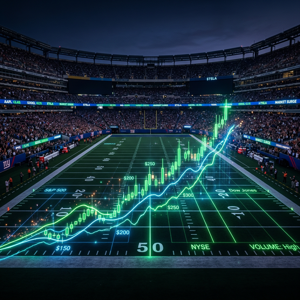 Football field overlaid with glowing financial stock market charts and data