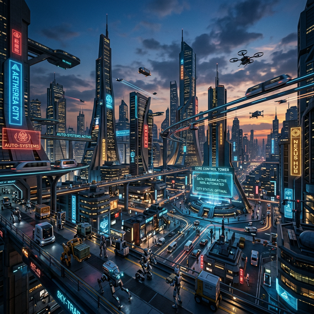 Futuristic city skyline with autonomous vehicles, drones, robots, and digital billboards at sunset