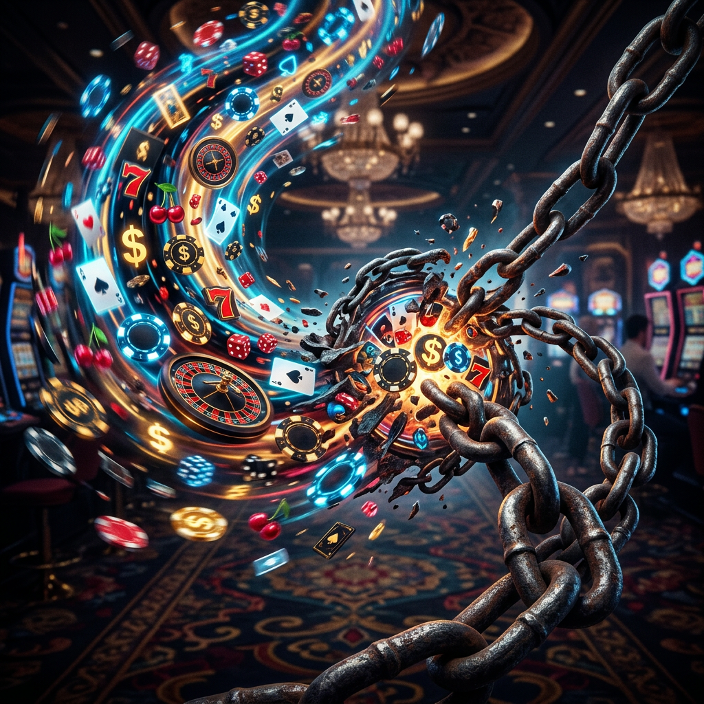 Casino chips, playing cards, roulette wheels, and dice bursting through broken metal chains inside a casino