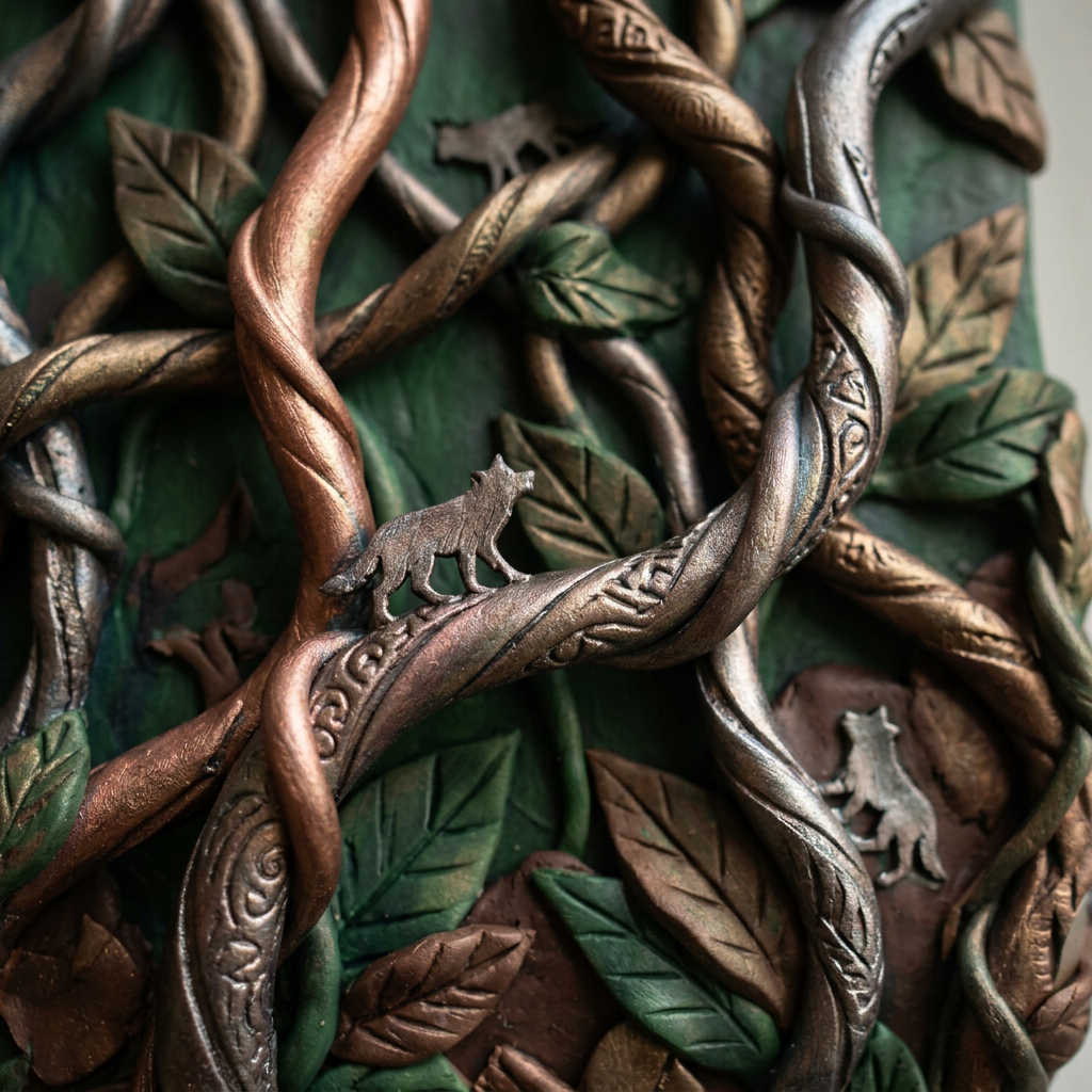 Metallic twisted vines with engraved patterns and small wolf figures surrounded by green and bronze leaves