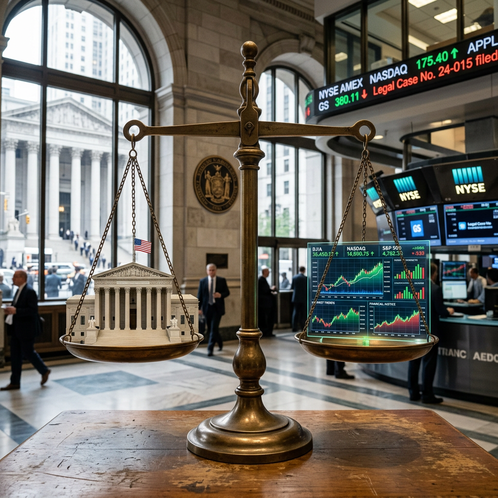 Balance scale with a courthouse model on one side and stock market graphs on the other