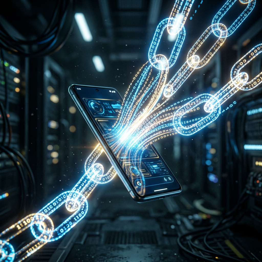 Smartphone emitting glowing digital blockchain links with binary code in a dark server room