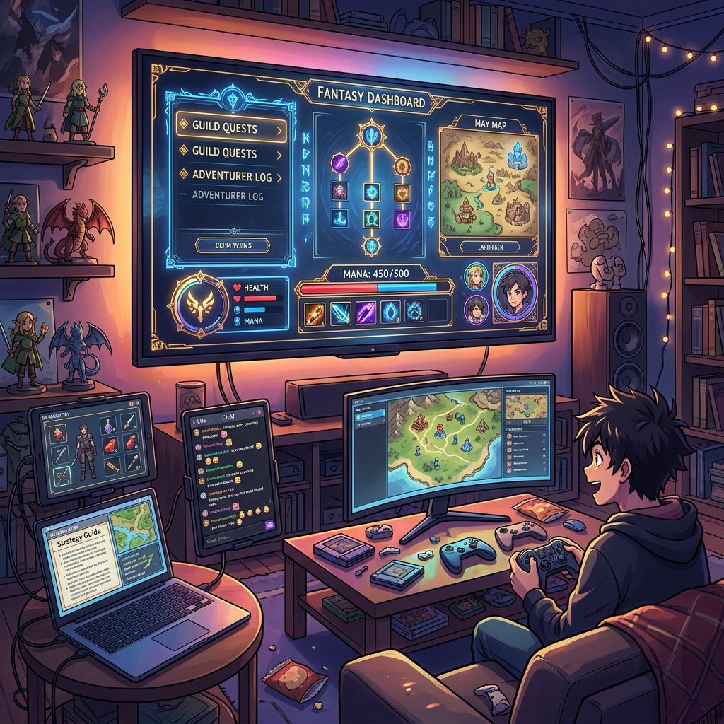 Young person playing fantasy video game with multiple monitors showing maps, stats, and chat