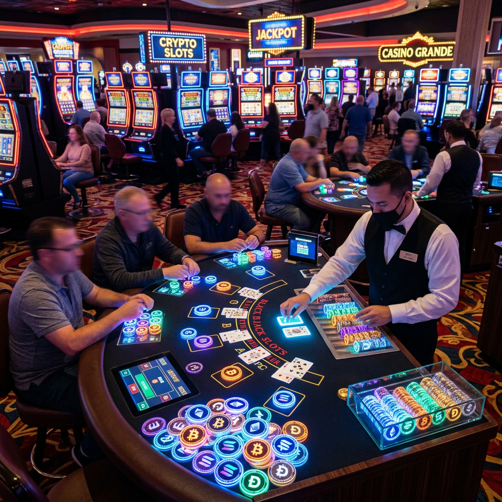 Casino blackjack table with players and dealer using illuminated cryptocurrency chips