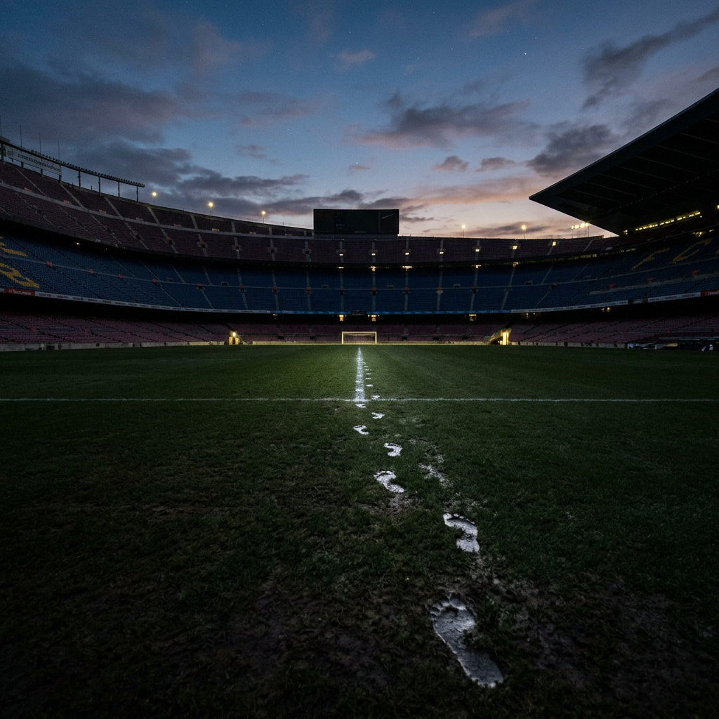 Empty soccer stadium with footprints on the grass field at dusk
